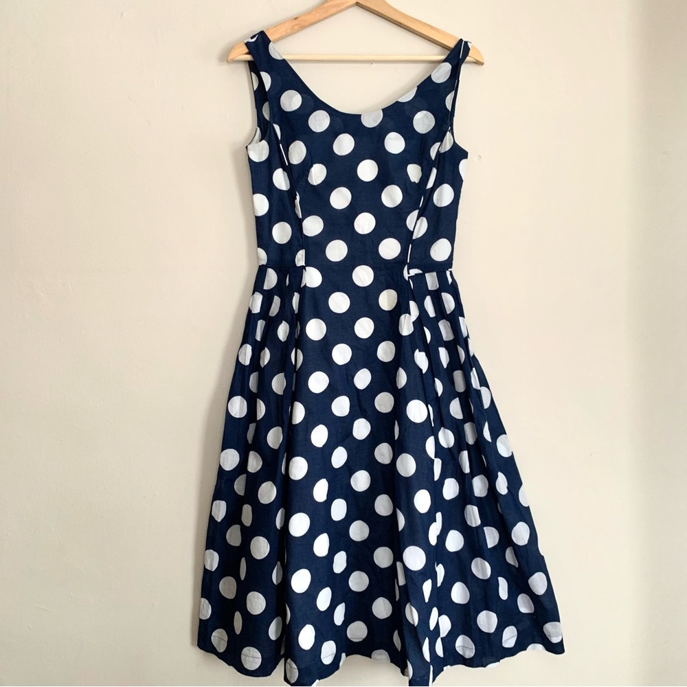 Emily & Fin Polka Dot Sleeveless Dress Pleated Navy